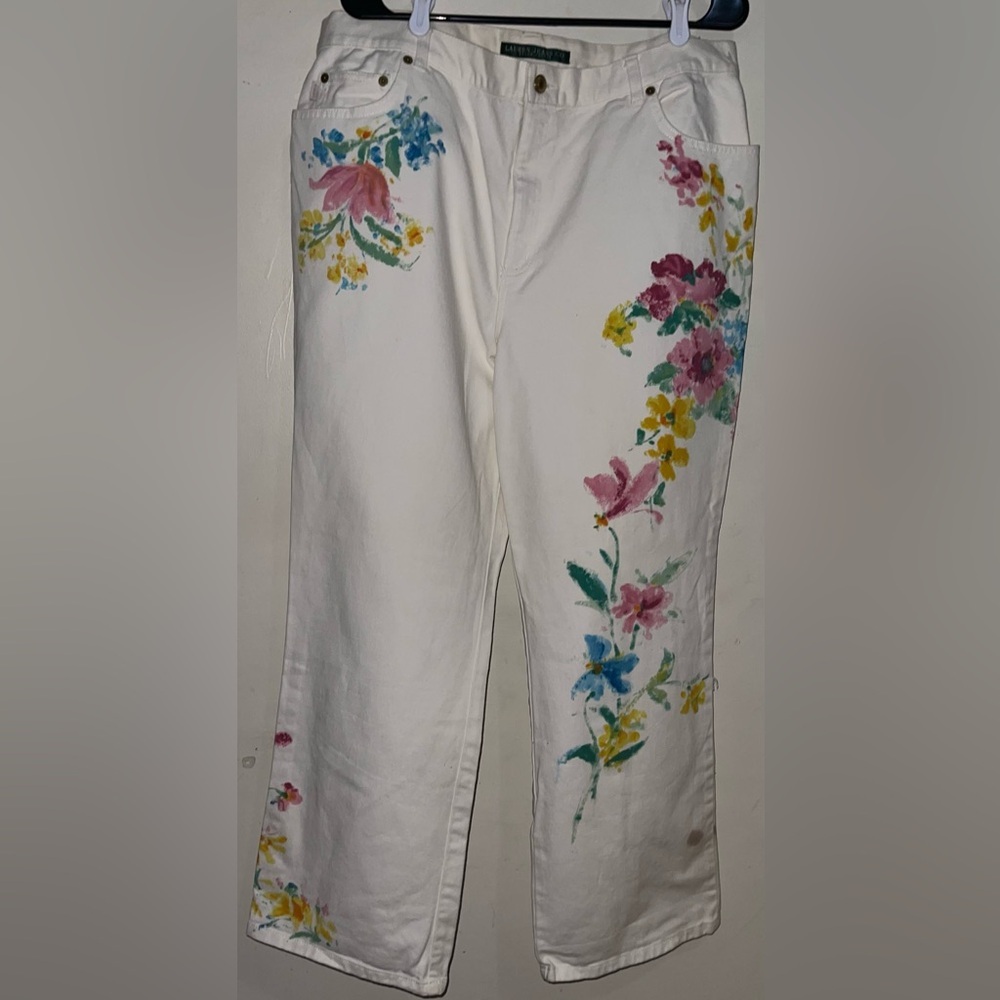 Vintage Made in Hong Kong Lauren Ralph Lauren Bell Bottom Floral Artsy Denim